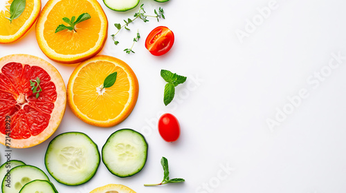 Sliced vegetables and fruits on a white background. Space for text. Generated AI