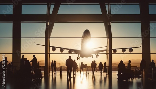 Silhouette of passengers waiting in front of the window at the airport and the airliner.
