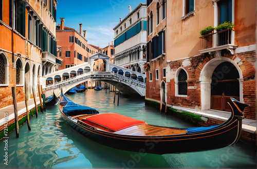 Venetian Elegance: Traditional Wooden Boat Gliding Through Historic Canals. generative AI © EVISUAL