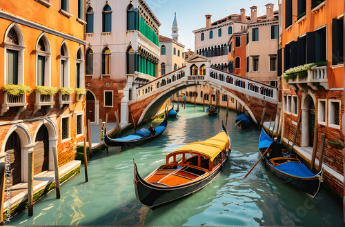 Venetian Elegance: Traditional Wooden Boat Gliding Through Historic Canals. generative AI © EVISUAL
