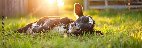 Wild cow laying in a grassy field in the morning sun