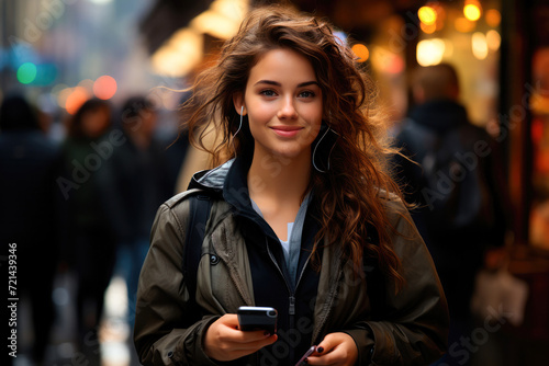 Young European woman holds a smartphone in her hands while walking in the city in autumn