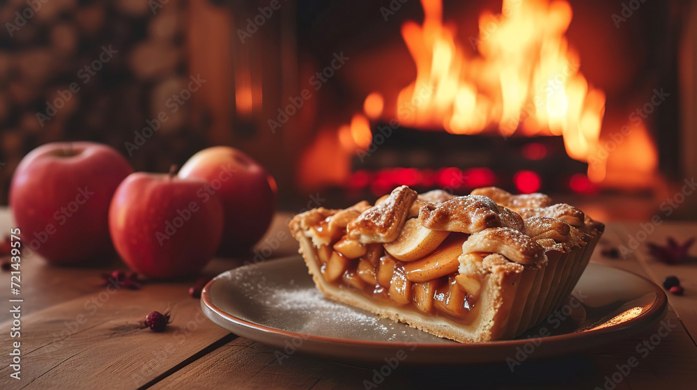 A slice of apple pie on a plate on a wooden table against the background of a fireplace, cozy atmosphere. Generated AI