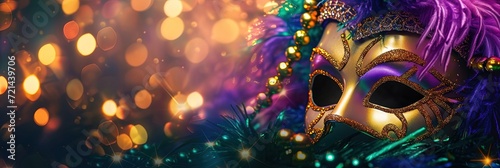 Mardi Gras mask and beads in traditional purple, green, gold