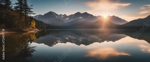 Serene Mountain Lake, a peaceful scene of a mountain reflected in a crystal-clear lake at dawn