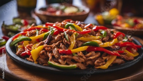  Sizzling Fajitas Platter, a sizzling platter of fajitas with colorful peppers, set in a festive