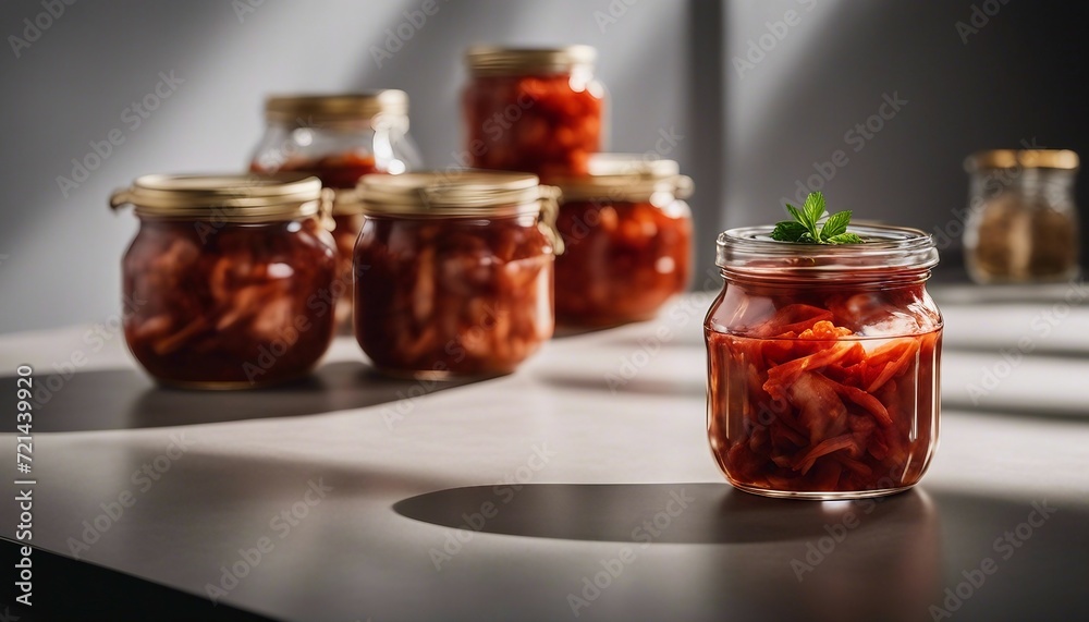 Spicy Kimchi Showcase, a vibrant red kimchi in a clear jar, set against a minimalistic background Spicy Kimchi Showcase, a vibrant red kimchi in a clear jar, set against a minimalistic background
