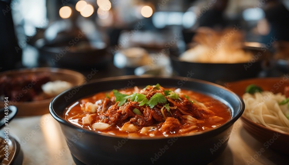 Spicy Korean Kimchi Stew, a hot and spicy Korean kimchi stew, showcased in a lively
