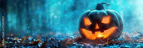 Halloween jack o lantern in a dark night with copy space banner