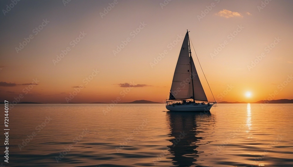 Sunset Sailboat Voyage, a sleek sailboat sailing on calm waters against a stunning sunset