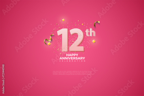 12th, 12th Anniversary celebration, 12 Anniversary celebration in Pink BG, stars, glitters and ribbons, festive illustration, white number 12 sparkling confetti, 12,13 photo