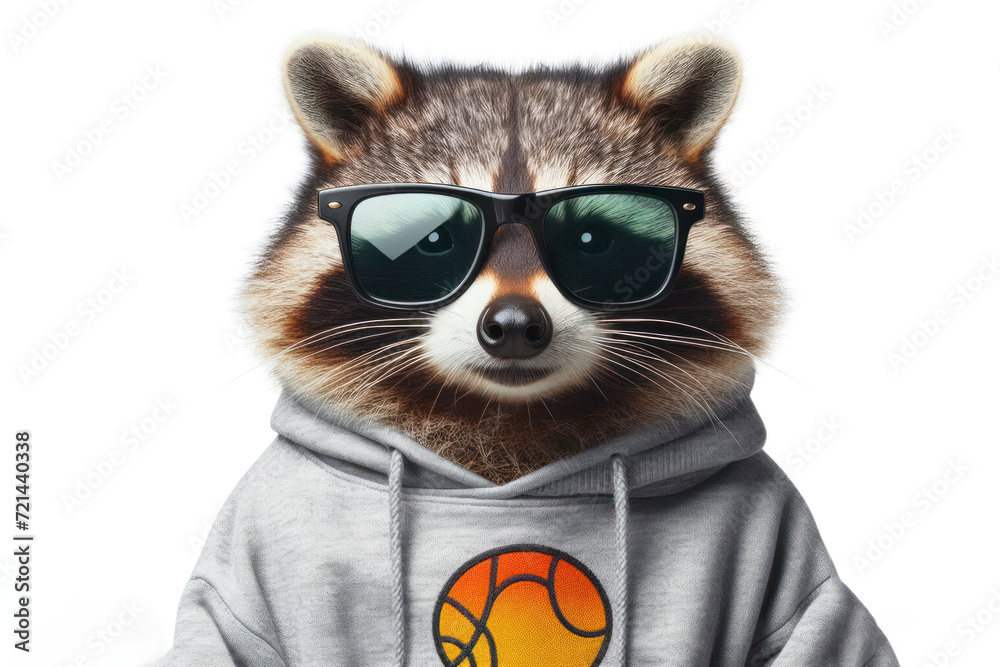 Fototapeta premium raccoon dressed in a sweatshirt and sunglasses isolated on white background. ai generative