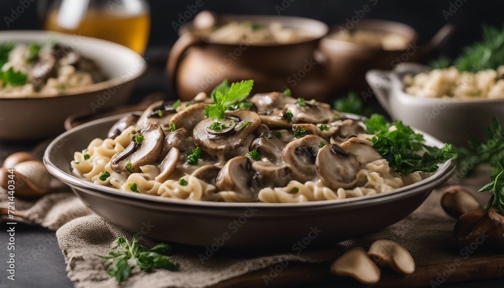 Vegan Mushroom Stroganoff, a creamy vegan mushroom stroganoff, presented in a modern Vegan Mushroom Stroganoff, a creamy vegan mushroom stroganoff, presented in a modern