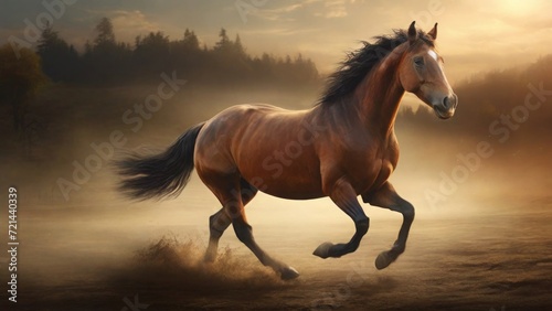 A brown mighty horse running in the field with sunset background