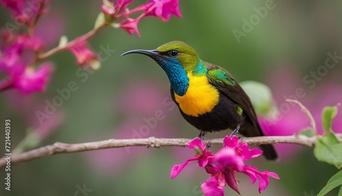 Vibrant Sunbird Feeding, a colorful sunbird feeding from a flower, showcasing the bird's vibrant 