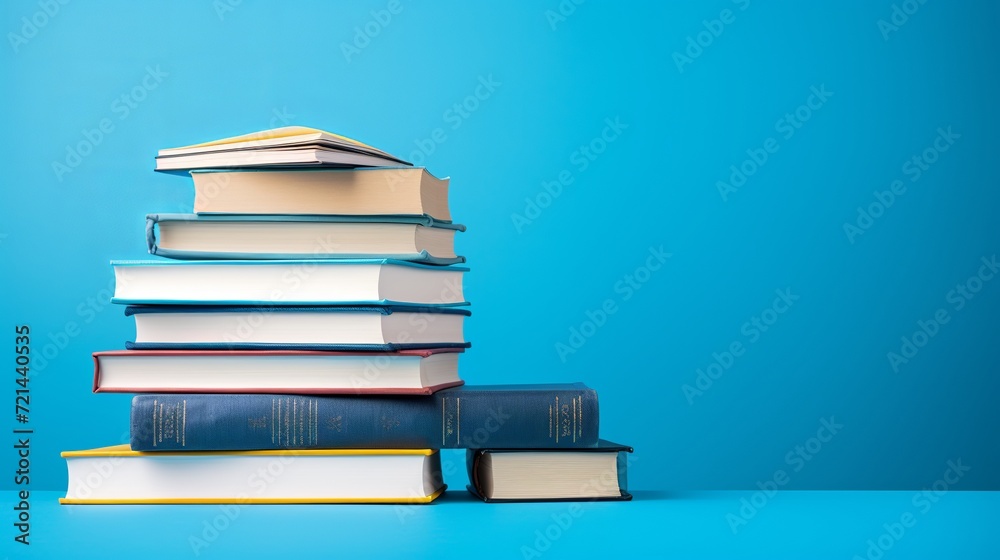 Books are being stacked on a wooden table with a blue background, ready for school. Books are being stacked on a wooden table with a blue background, ready for school.