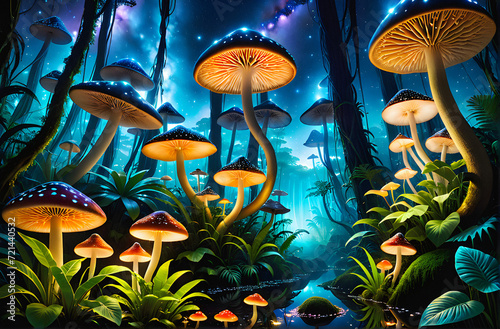 Galactic Jungle Symphony: Capturing Nocturnal Wonders in a Celestial Landscape of Luminescent Mushrooms and Enchanted Plants. generative AI