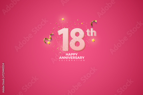 18th, 18th Anniversary celebration, 18 Anniversary celebration in Pink BG, stars, glitters and ribbons, festive illustration, white number 18 sparkling confetti, 18,19 photo