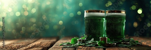 Green beers on a wood table with green background - irish st patrick's concept