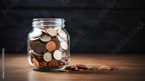 Coins are stored in a glass jar that has copy space.