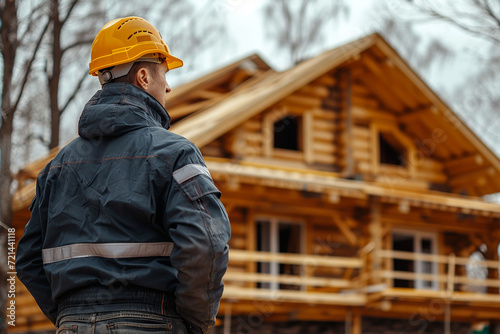 A foreman in a construction helmet controls the quality of work on the construction of a large wooden eco-friendly house.