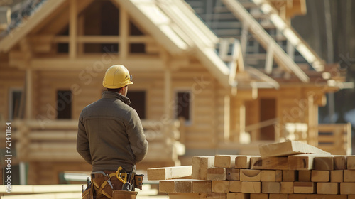 Builder at a construction site against the background of wooden houses being erected