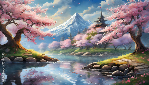 Oriental Landscape Illustration With Lake Trees and Moutain Generative AI