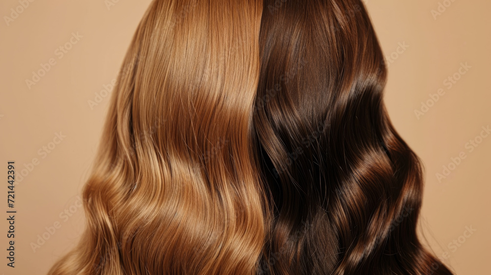 Fototapeta premium close-up of a person's hair, displaying a range of brown tones with a soft curl, against a neutral background, highlighting the hairstyle and hair color