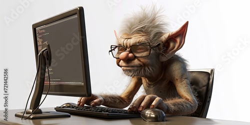 Online troll using computer on solid background with copy; space photo