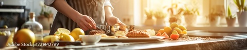 Preparing a healthy breakfast in a sunlit kitchen, healthy food, breakfast in kitchen