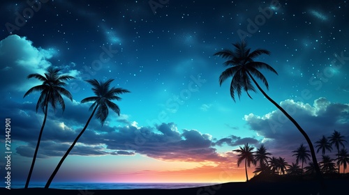 Palm tree and scenic night sky with stars.