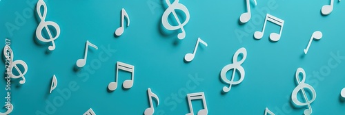 white music notes and treble clefs on blue background photo