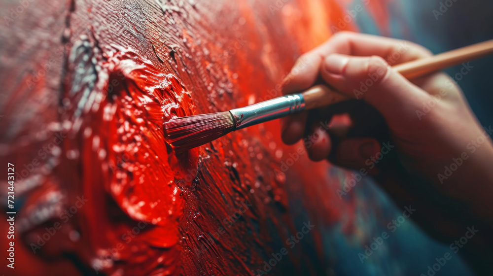 close-up view of a paintbrush applying a thick, vibrant red acrylic paint onto a surface close-up view of a paintbrush applying a thick, vibrant red acrylic paint onto a surface