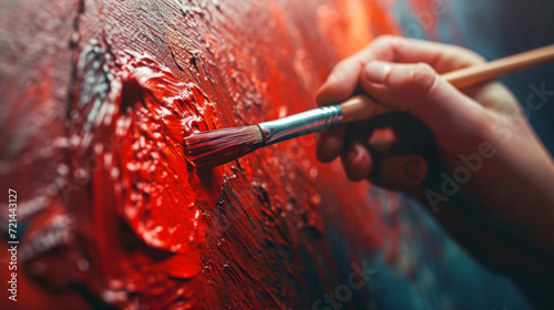 close-up view of a paintbrush applying a thick, vibrant red acrylic paint onto a surface