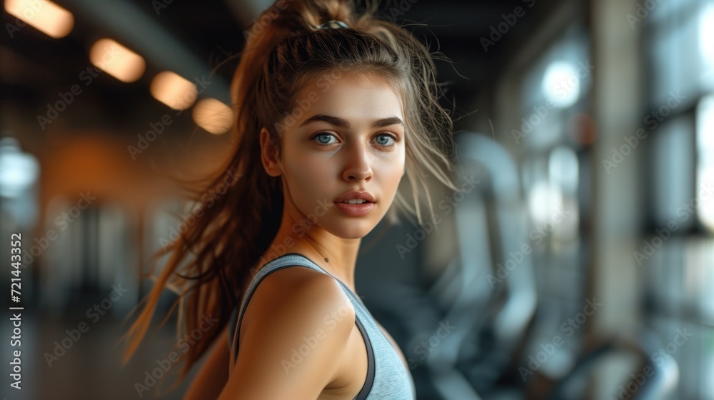 Young woman in sportswear running on a treadmill during a workout at the gym, Fitness female using machine for cardio workout at gym, generative ai