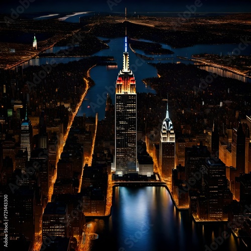 city at night, A helicopter flies over the illuminated Midtown Manhattan at night, capturing the stunning architecture and the busy streets. The Empire State Building, the Chrysler Building, and the R