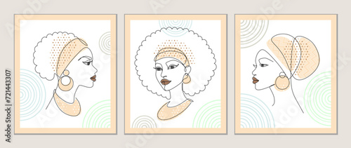Abstract pretty African women in headscarves and jewelry on a white background with linear semicircles. Minimalist modern one line art. Outline female portrait. Vector set for poster, wall decoration