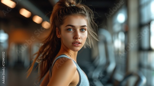 Young woman in sportswear running on a treadmill during a workout at the gym, Fitness female using machine for cardio workout at gym, generative ai © OP38Studio