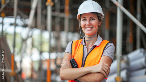 smiling woman in a construction helmet and reflective vest