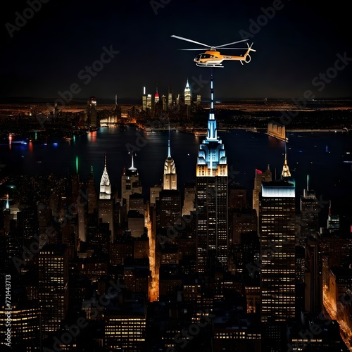 city skyline at night, A helicopter flies over the illuminated Midtown Manhattan at night, capturing the stunning architecture and the busy streets. The Empire State Building, the Chrysler Building, 