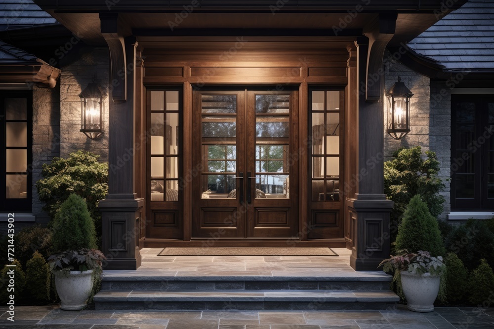 Front Door With Two Potted Plants on Steps