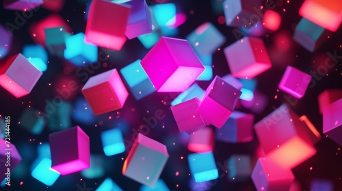 Neon-colored paper squares  floating against a dark backdrop  glowing as if illuminated from within for a futuristic effect