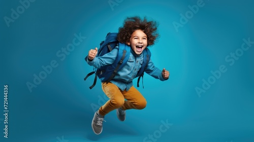 excitement of an adorable child with a big backpack, jumping and having fun against a vibrant blue wall.