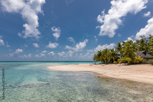 Pink sandy beach of dream Tikheau atoll, French Polynesia. 