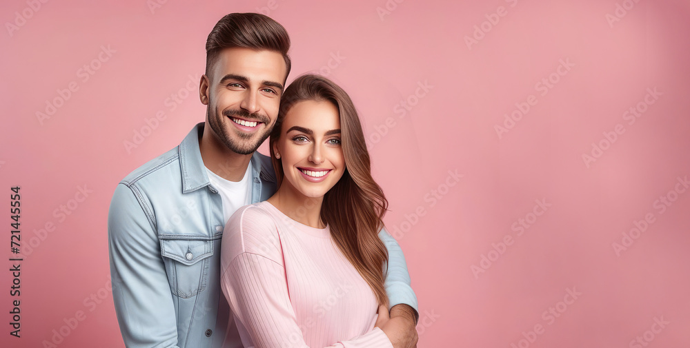 Banner of a guy and a girl in light clothes hugging on a simple light pink background. Portrait, a couple looks into the camera lens together. Emotions, youth, love and Valentine's Day. Copy space Banner of a guy and a girl in light clothes hugging on a simple light pink background. Portrait, a couple looks into the camera lens together. Emotions, youth, love and Valentine's Day. Copy space