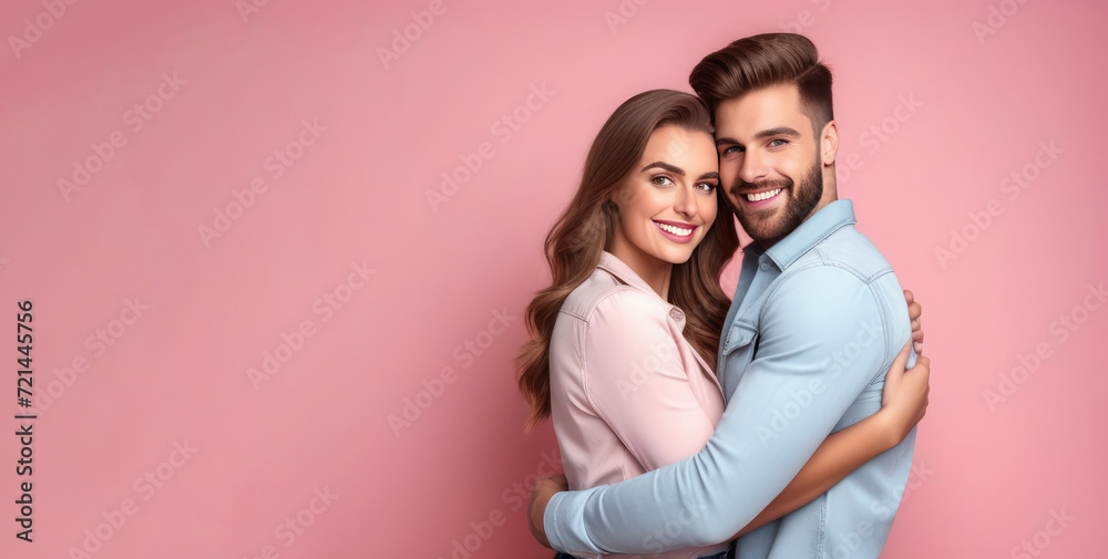 Banner of a guy and a girl in light clothes hugging on a simple light pink background. Portrait, a couple looks into the camera lens together. Stylish young people. Emotions, Valentine's Day Banner of a guy and a girl in light clothes hugging on a simple light pink background. Portrait, a couple looks into the camera lens together. Stylish young people. Emotions, Valentine's Day