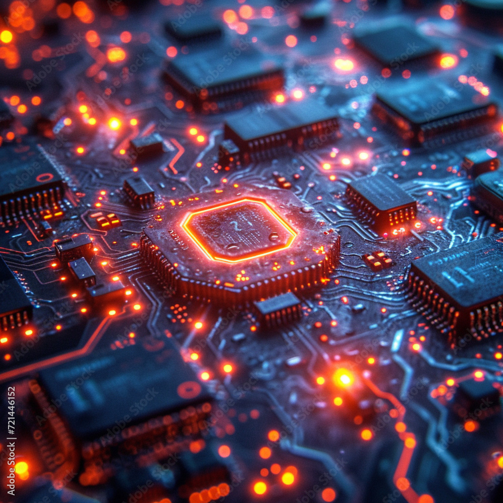 Advanced circuit board with glowing red elements and intricate electronic components, symbolizing cutting-edge technology. Ideal for tech innovation, digital infrastructure, and futuristic designs Advanced circuit board with glowing red elements and intricate electronic components, symbolizing cutting-edge technology. Ideal for tech innovation, digital infrastructure, and futuristic designs