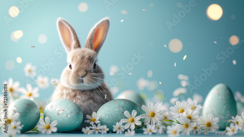 Easter bunny sitting surrounded by eggs and flowers. Adorable Easter Egg day on a blue background