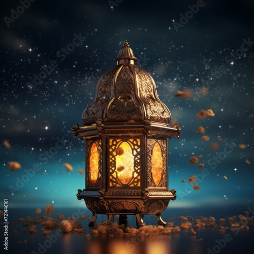 islamic lantern. a golden lantern on a dark night background. lantern on a sky background with dark clouds © Sabina Gahramanova