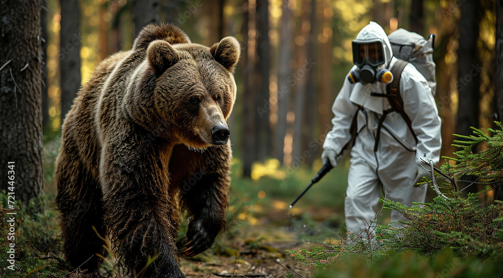 bear suffers from forest pollution, a man in chemical protective